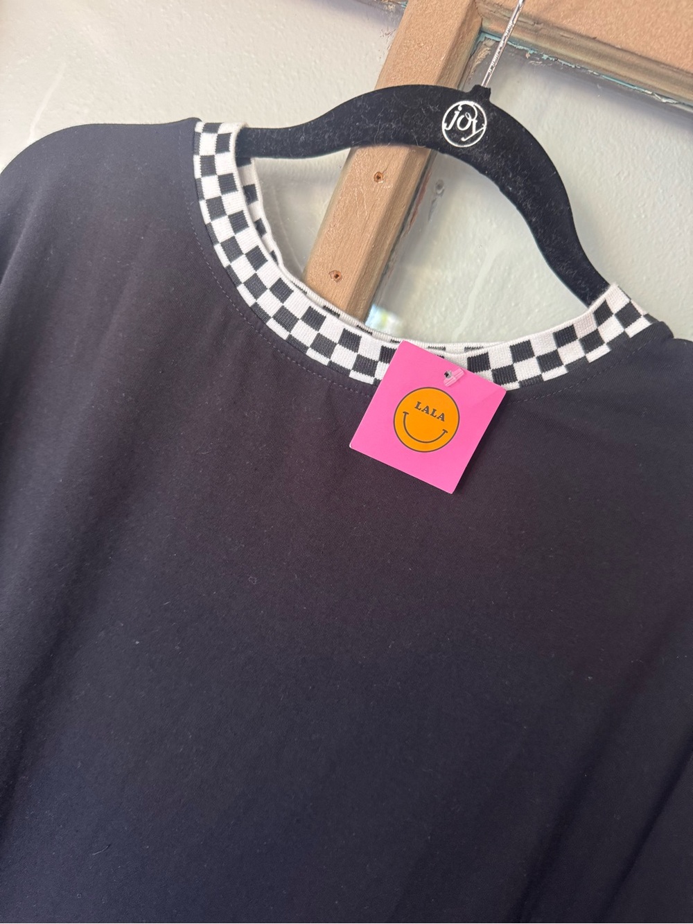 Dresses in LALA Black Tshirt dress  with Checkerboard Trim-so cute comfy & cool!